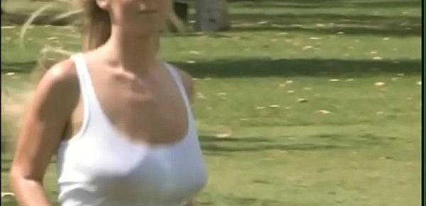  Park jogging arouses charming blonde cutie Carolyn Reese with big juggers